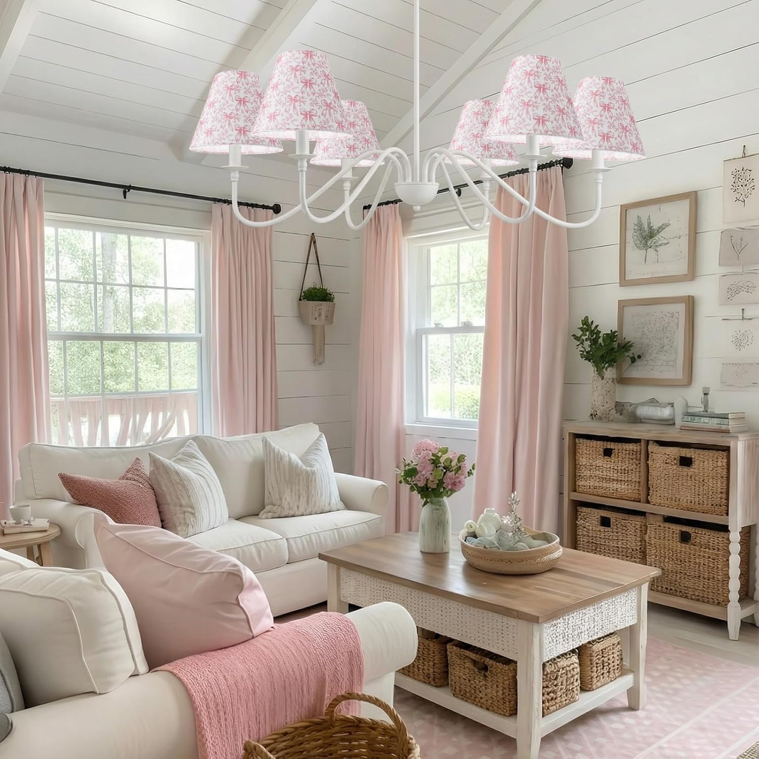 VIHOSE 6 Pcs Small Lampshade 3" Top x 6" Bottom x 5" High Vintage Pink Toile Coquette Chandelier Pink Bow Chinoiserie Lamp Shade Clip Bulbs Chimney Cover for Table Floor Lamps - Image 7