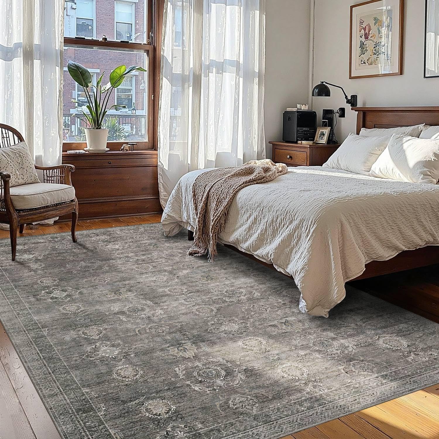 Area Rugs 5x7 for Living Room Bedroom, Grey Washable Rug, Vintage Retro Boho Rug, Non Slip & Low Pile Faux Wool Thin Carpet for Indoor Dining Room, Dorm and Kids Room(Taupe/Grey 5x7ft) - Image 3