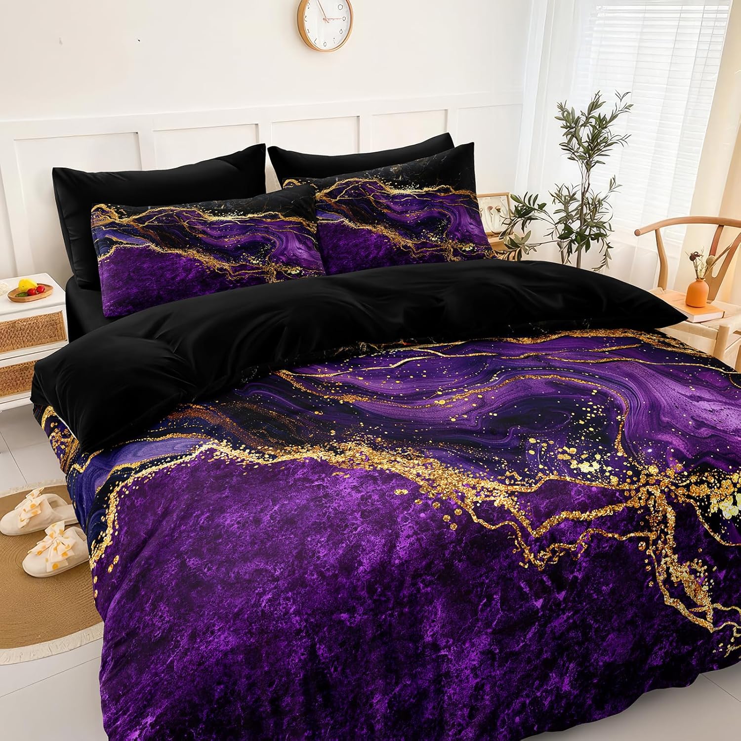 Black Gold Comforter Set Purple Marble Bedding Set King Size Black Marble Stone Abstract Artwork Bedroom Decor Black Marble Comforter Sets for All Season - Image 2