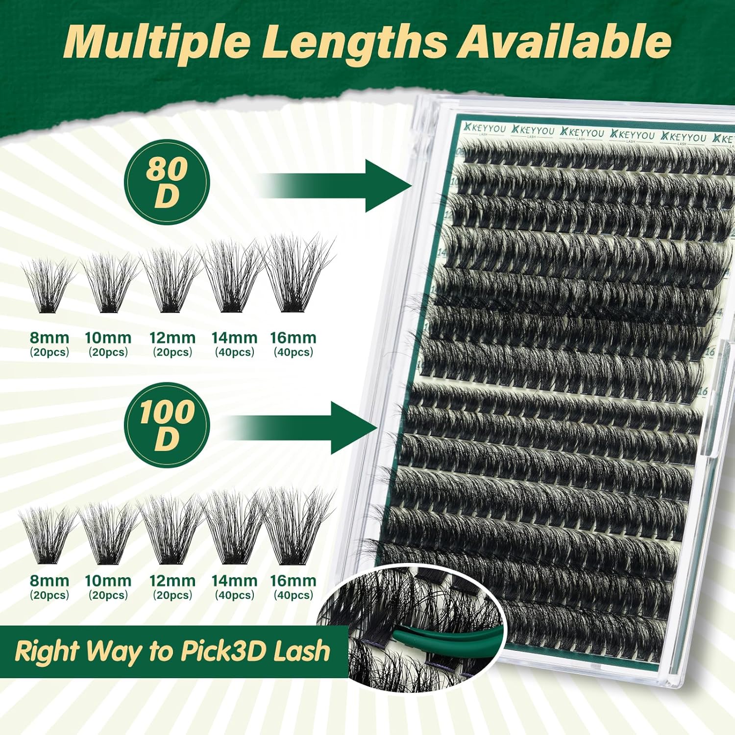 KEYYOU lash Clusters Kit 3D Effect Eyelash Clusters Kit 280pcs 80D100D 8-16MIX D Curl Individual Lashes Kit Wispy Lashes Volume Cluster Lashes Kit Natural Soft (3D Kit-80D100D-D-8-16MIX) - Image 3