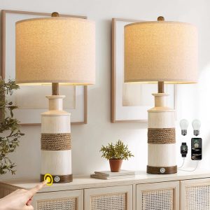 BOBOMOMO 24.5" Farmhouse Boho Table Lamps Set of 2, Hand-Woven Rattan Bedside Lamps with 3-Way Dimmable Touch Control & USB A+C Ports, Nightstand Lamp for Bedroom, Living Room, Corner (Bulbs Included)