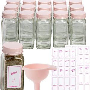 Paris Hilton Glass Spice Jar Storage Set, 4-Ounce Empty Spice Jars with Labels, Shaker Caps and Metal Lids, Collapsible Funnel Included, 20-Piece, Pink