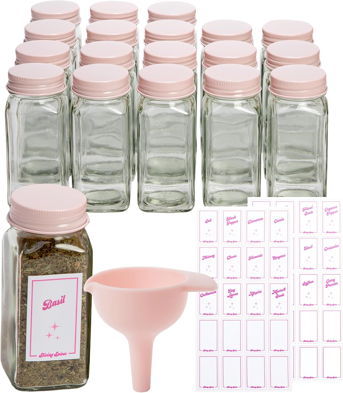Paris Hilton Glass Spice Jar Storage Set, 4-Ounce Empty Spice Jars with Labels, Shaker Caps and Metal Lids, Collapsible Funnel Included, 20-Piece, Pink