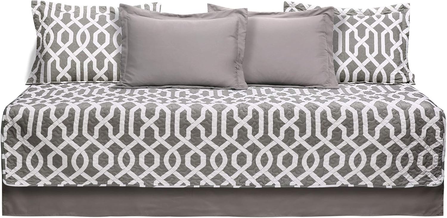 Lush Decor Edward Trellis Patterned 6 Piece Daybed Cover Set Includes Bed Skirt, Pillow Shams and Cases, 75" X 39", Gray and White - Image 3