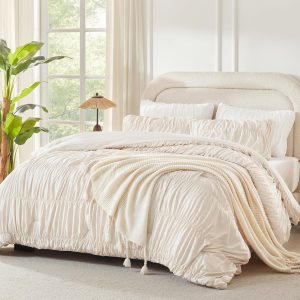 Andency Ruched Beige Queen Comforter Set, Shabby Chic Pleated Bedding Sets 3 Pieces, Lightweight Soft Boho Ruffle Bed Set for Girls, Kids, Women, All Season