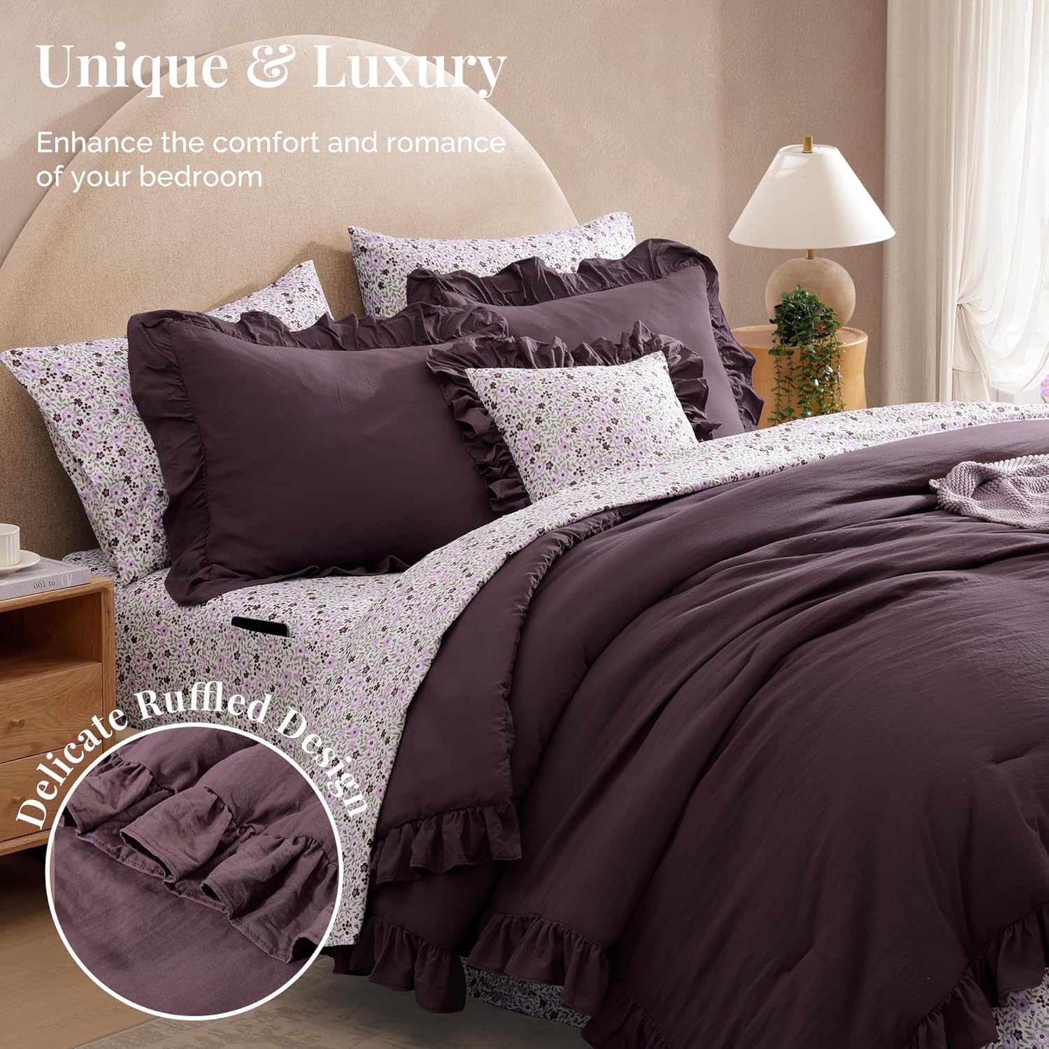 Queen Comforter Set - 7 Pieces Ruffle Purple Bedding Sets, Shabby Chic Farmhouse Bed in a Bag Queen with Ruffle Comforter, Floral Sheets, Pillowcases & Shams - Image 2