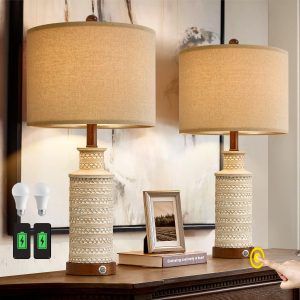 BOBOMOMO 24.5'' 3-Way Dimmable Touch Control Table Lamp Set of 2 with Dual USB Charging Ports for Bedroom Living Room Vintage Rustic Farmhouse Traditional Nightstand Bedside Lamps(Bulbs Included)