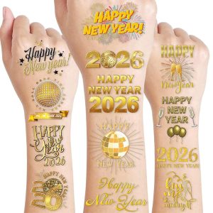 Happy New Year 2026 Temporary Tattoos Stickers – 96PCS Gold New Year’s Eve Party Favors, Decorations, Countdown Celebration Supplies, Holiday Festival Accessories Gifts for Kids and Adults