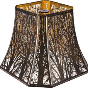 Metal Bell Lamp Shade, Large Lampshade (Spider Fitter) Square Cut Corner, Etched Forest Lamp Shades for Table Lamps and Floor Lamps, Bronze Gold Tree Pattern, 8" Top x 14" Bottom x 11" High