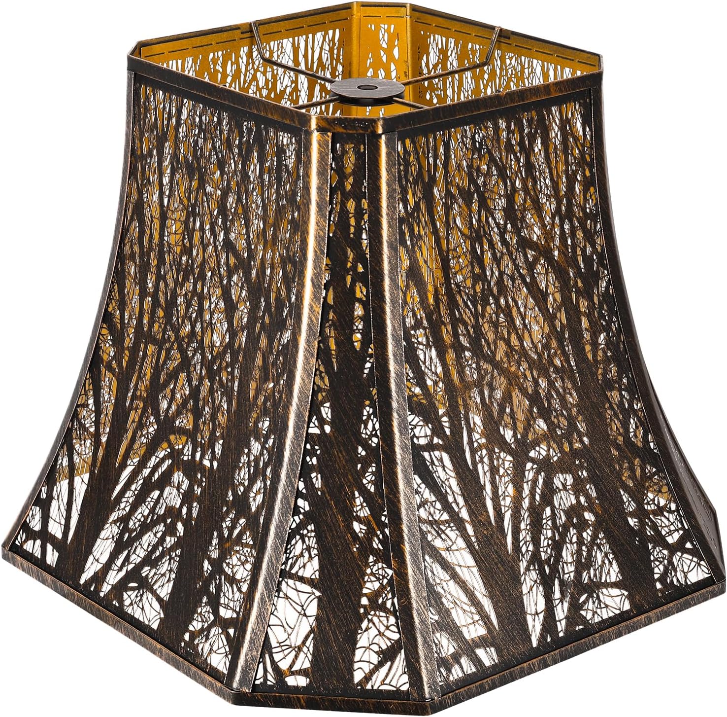 Metal Bell Lamp Shade, Large Lampshade (Spider Fitter) Square Cut Corner, Etched Forest Lamp Shades for Table Lamps and Floor Lamps, Bronze Gold Tree Pattern, 8″ Top x 14″ Bottom x 11″ High