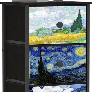 Dresser with 3 Drawers Van Gogh Drawer Dresser for Bedroom Narrow Nightstand Small Dressers & Chests of Drawers for Halfway Entryway Closets Living Room Sturdy Steel Frame Wood Top