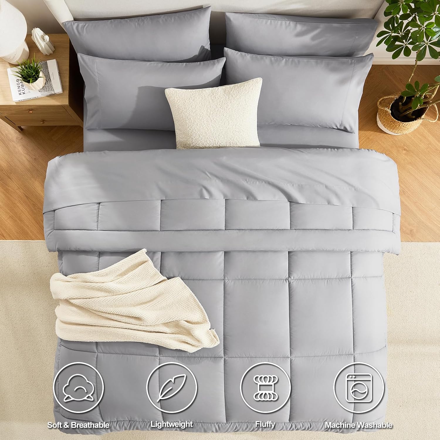 CozyLux Queen Comforter Set Grey, 7 Pieces Bed in a Bag, Gray Comforter Queen Size, All Season Bedding Sets with Stitch Quilted Comforter, Flat Sheet, Fitted Sheet, Pillowcases - Image 2