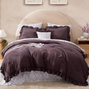 Queen Comforter Set - 7 Pieces Ruffle Purple Bedding Sets, Shabby Chic Farmhouse Bed in a Bag Queen with Ruffle Comforter, Floral Sheets, Pillowcases & Shams