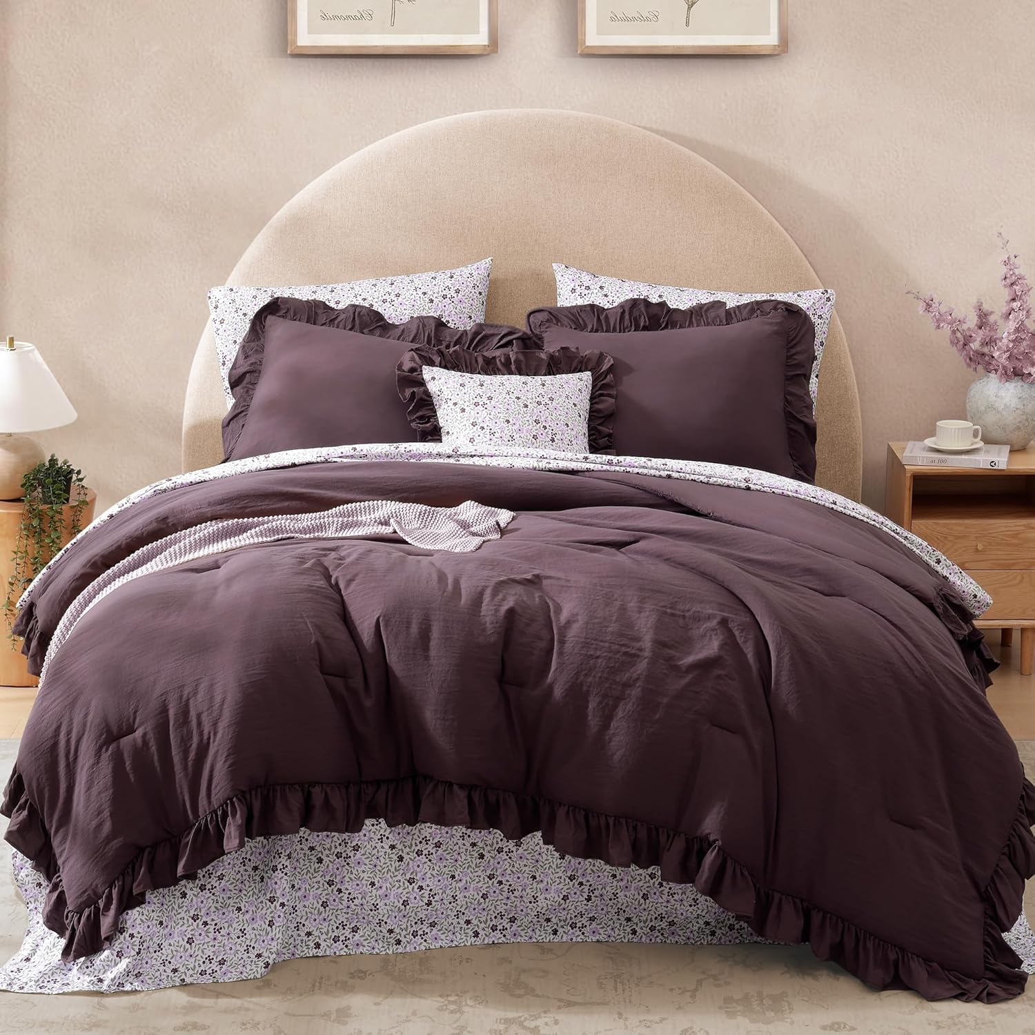 Queen Comforter Set - 7 Pieces Ruffle Purple Bedding Sets, Shabby Chic Farmhouse Bed in a Bag Queen with Ruffle Comforter, Floral Sheets, Pillowcases & Shams