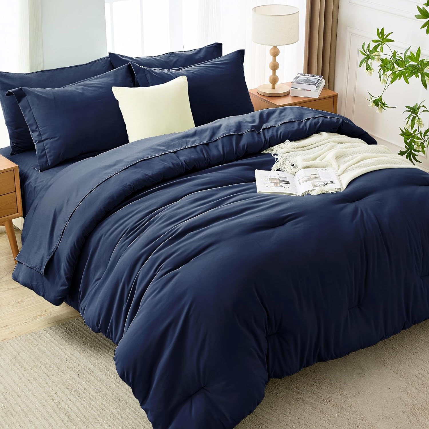 MUXHOMO 7 Pieces Queen Comforter Set, Soft Bed in a Bag Queen Size, All Season Bedding Set with Comforter, Flat Sheet, Fitted Sheet, Pillowcases & Shams, Navy Blue - Image 7