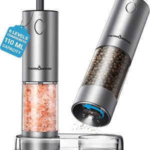 ThermoMaven Upgraded Larger Capacity Electric Salt and Pepper Grinder Set, 110ml Rechargeable Salt and Pepper Shaker with LED light, Stainless Steel Automatic Pepper Mill with 6 Adjustable Coarseness