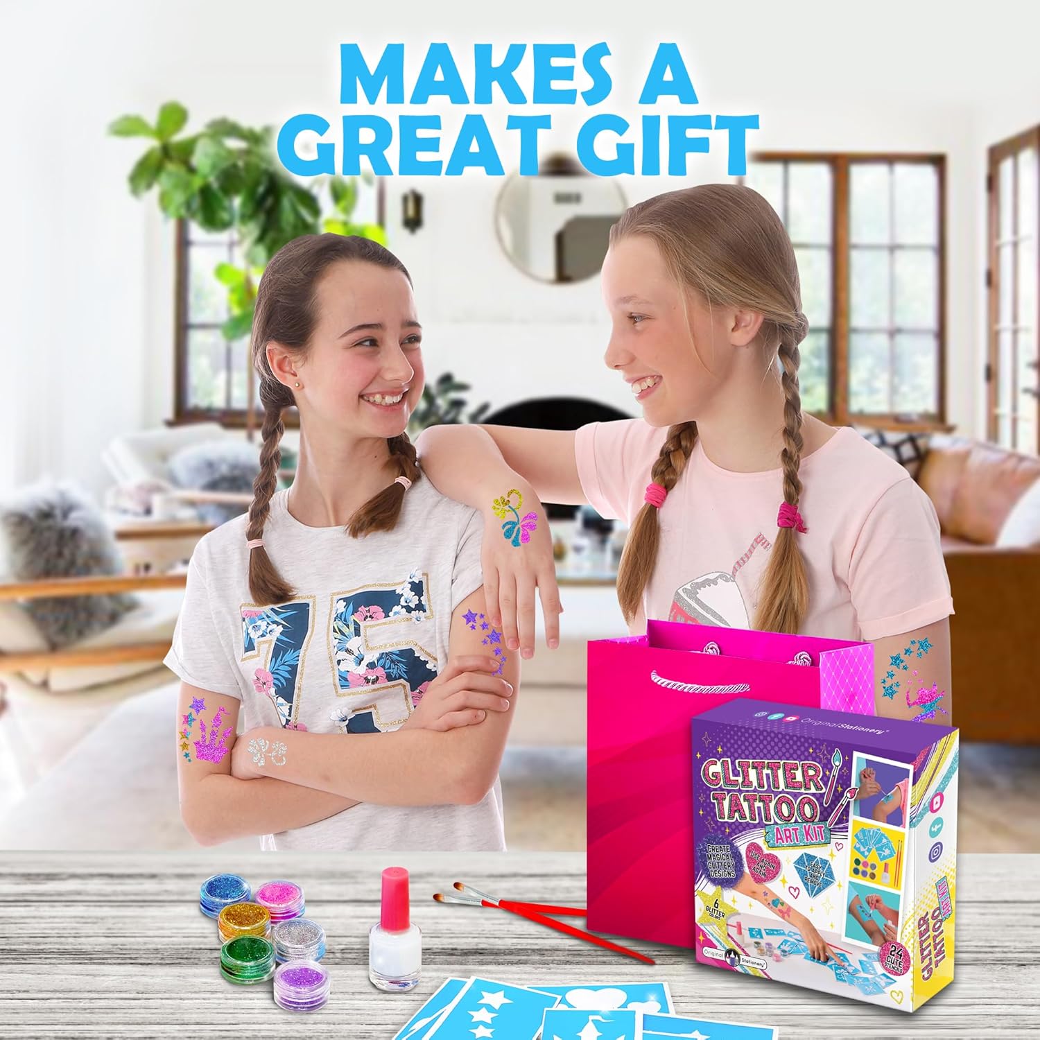 Original Stationery Glitter Tattoo Kit for Girls, 33-Piece Set with 24 Stencils, 6 Glitter Colors, Brushes & Adhesive, Creative Body Art Activity, Christmas Gift & Fun Holiday Party Supply - Image 9