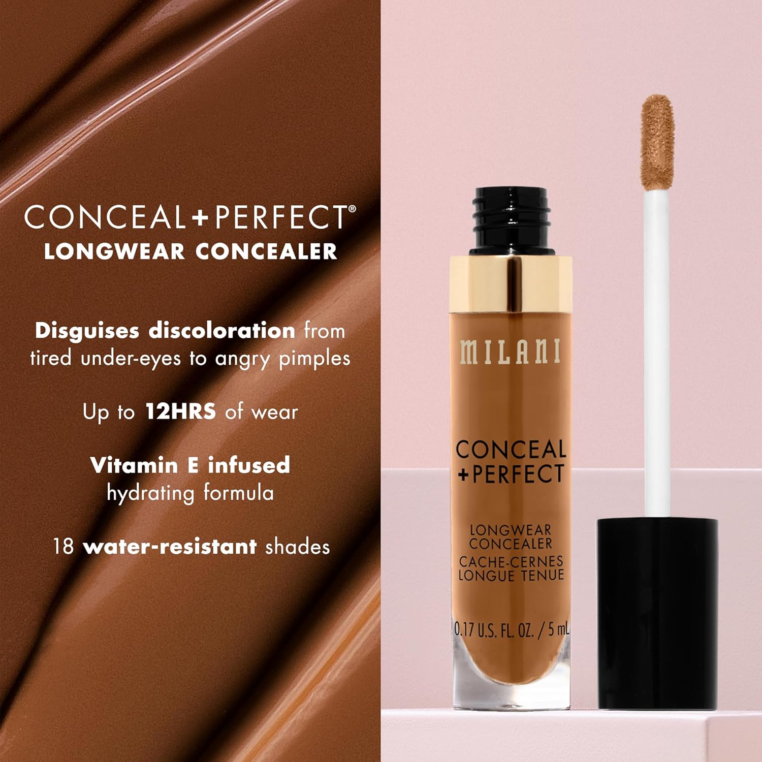 Milani Conceal + Perfect Longwear Concealer Full Coverage Infused with Hyaluronic Acid & Vitamin E, Cover Dark Circles, Blemishes & Skin Imperfections for Long-Lasting Wear - Medium Beige - Image 3