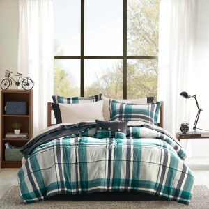 CHARMMA 7 PCS Twin XL Plaid Comforter Set with Bed Sheets Teal/90.00x68.00x1.00in