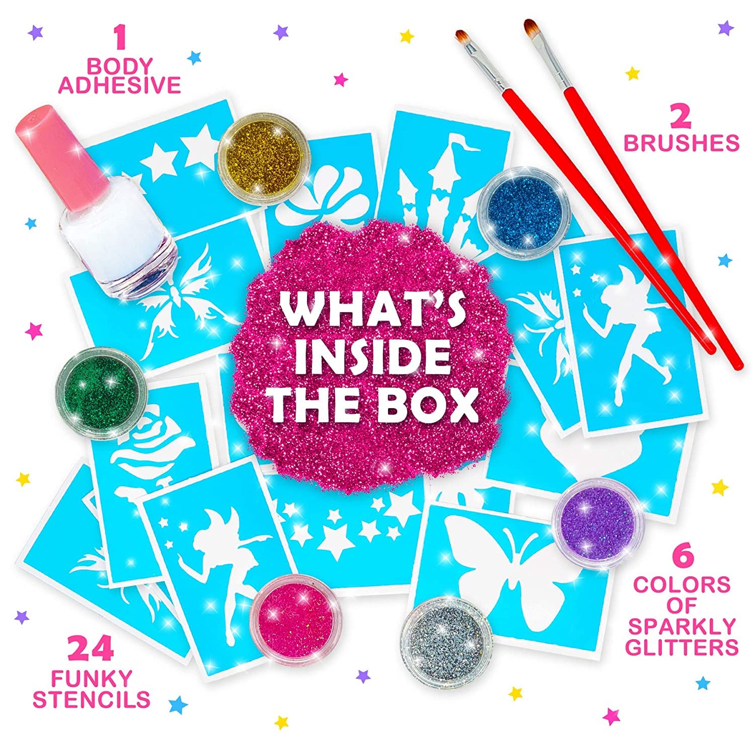 Original Stationery Glitter Tattoo Kit for Girls, 33-Piece Set with 24 Stencils, 6 Glitter Colors, Brushes & Adhesive, Creative Body Art Activity, Christmas Gift & Fun Holiday Party Supply - Image 8