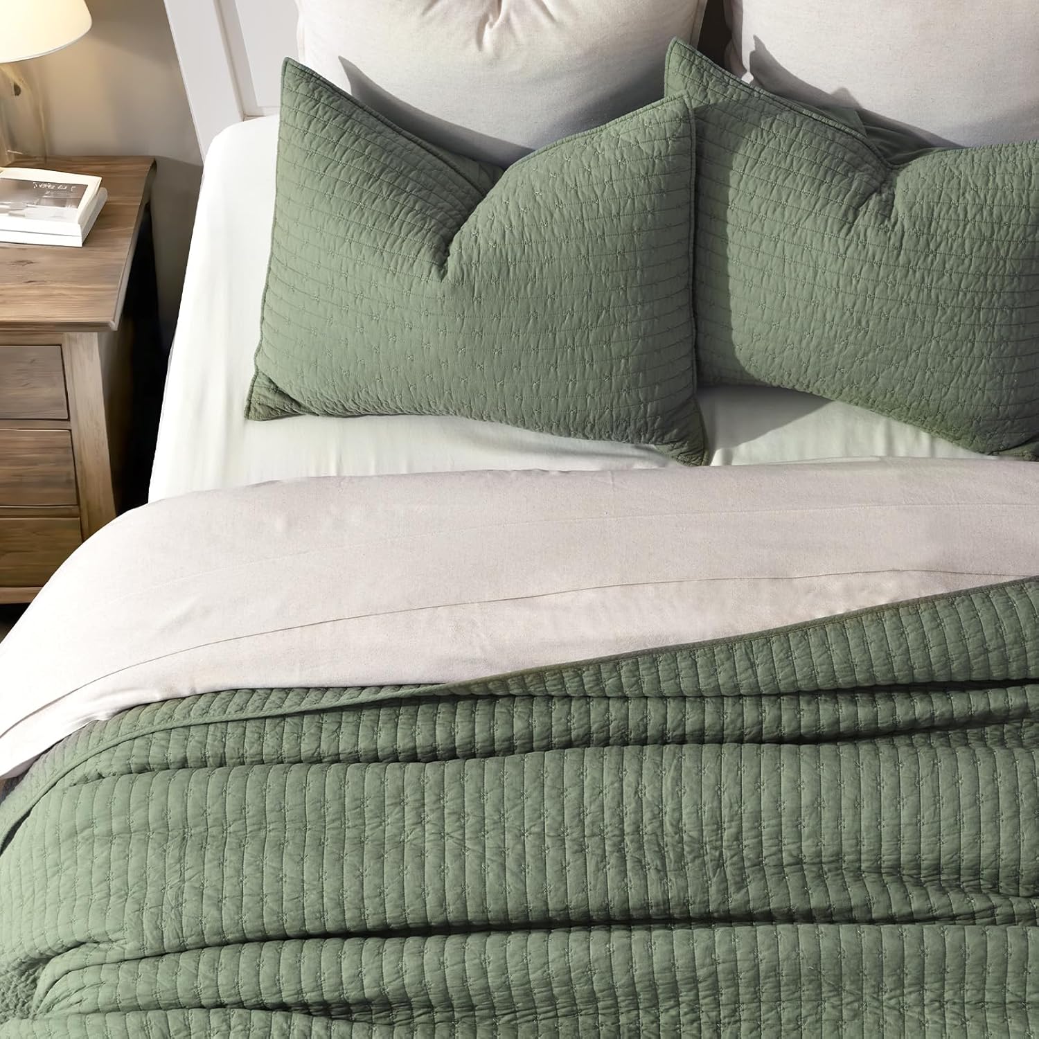 EVERGRACE Cross Stitch Pre-Washed Cotton Quilt Bedding Set King Size, Oversized 3 Pieces Lightweight Bedspread Coverlet for All Season, with 2 Matching Shams, Olive Green,108"x96" - Image 4