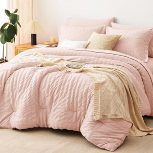 CozyLux King Size Comforter Set Blush Pink Seersucker 7 Pieces Bed in a Bag King Comforter Set with Sheets, Luxury Bedding Set with Down Alternative Comforter, Sheets, Pillowcases & Shams All Seasons