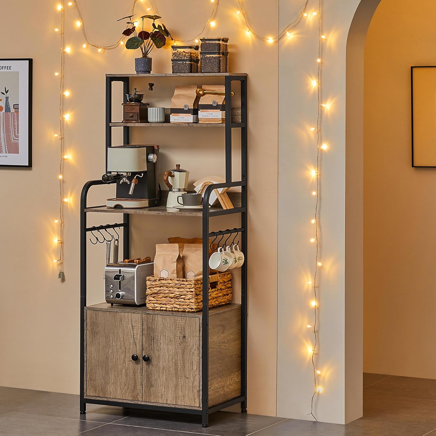 Yaheetech 4-Tier Kitchen Bakers Rack with Storage Cabinet and Hutch, Microwave Oven Stand Coffee Bar Pantry Cabinet with 8 S Hooks, Freestanding Kitchen Shelves Spice Rack, Gray - Image 7