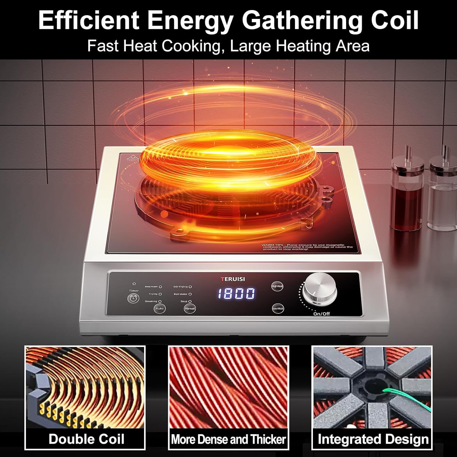 Induction Cooktop Commercial, 1800W Electric Stove with 18/10 Stainless Steel, 4 Hours Timer, 6 Preset Functions, 8 Temp/Power Levels, Portable Countertop Burner for RV Home Kitchen - Image 5