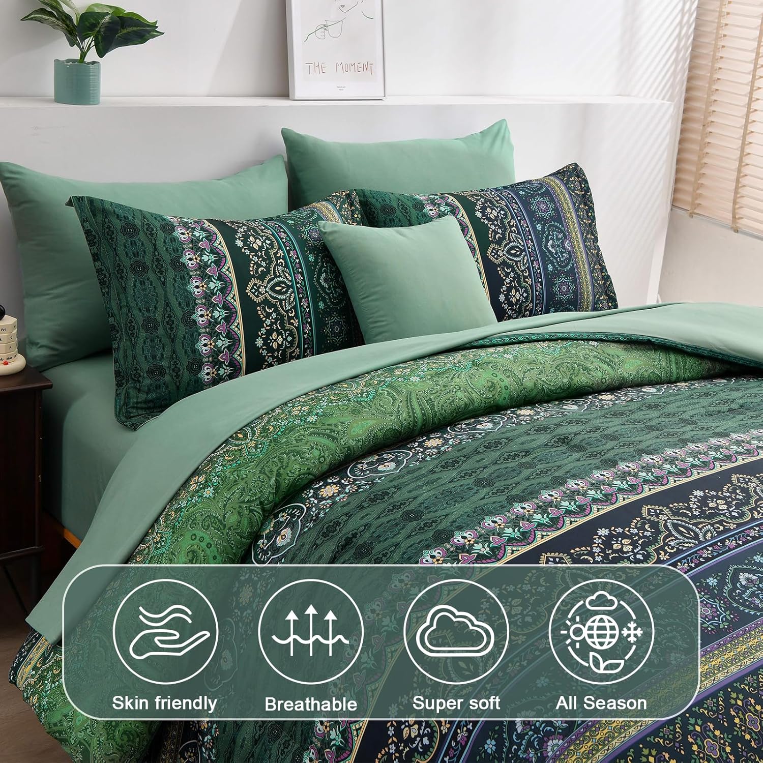 Boho Green Comforter Set Queen Size,8 Piece Bed in a Bag Bohemian Striped Bedding Quilt Set,Dark green Paisley Floral Comforter and Sheet Set,Soft Microfiber Complete Bedding Sets for All Season - Image 3
