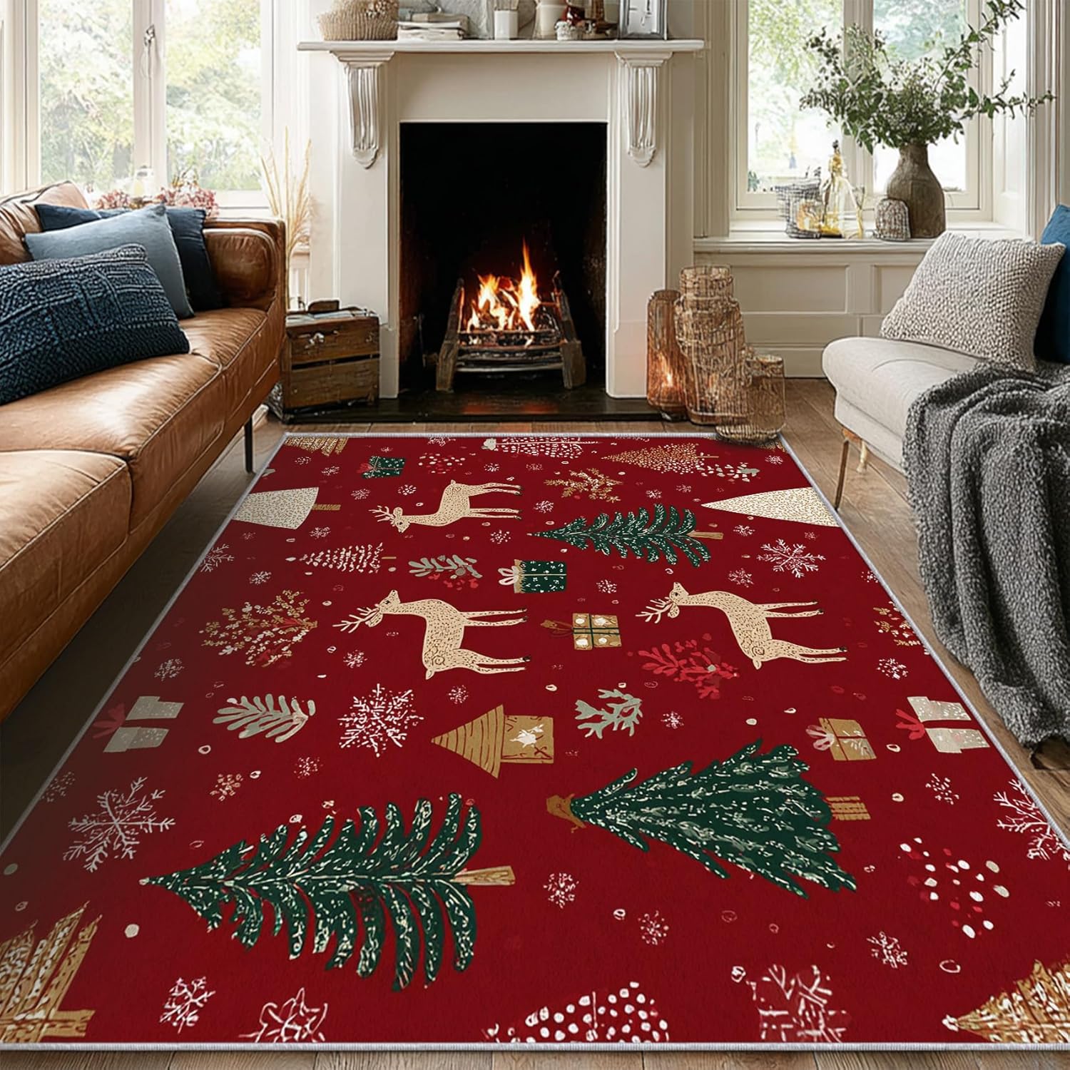 Washable 5x5 Christmas Rug Living Room, Reindeer Xmas Tree Holiday Theme Design Area Rugs for Bedroom, Christmas Home Decor Carpet, Low Pile, Non Slip, Kids & Pet Friendly (I0548) - Image 3
