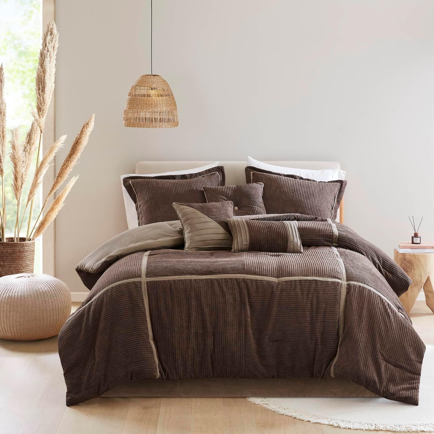 CHARMMA 7 Piece Micro Corduroy Comforter Set Brown Cal King, 104.00x92.00x1.50in