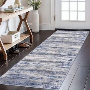 KOZYFLY Modern Abstract Washable Rug Runner 2x6 Runners for Hallways Non-Slip Soft Kitchen Runner Rugs, Print Grey-Blue Striped Carpet Runner for Entryway Bathroom Laundry Room Foyer