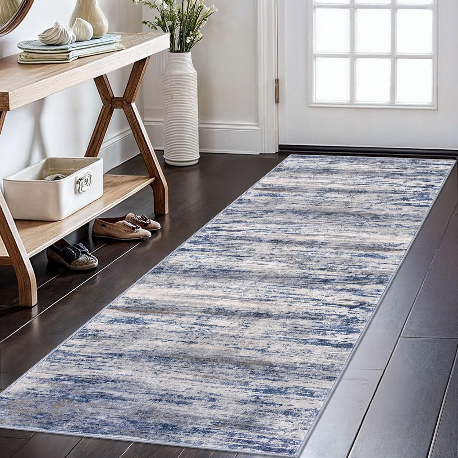 KOZYFLY Modern Abstract Washable Rug Runner 2×6 Runners for Hallways Non-Slip Soft Kitchen Runner Rugs, Print Grey-Blue Striped Carpet Runner for Entryway Bathroom Laundry Room Foyer