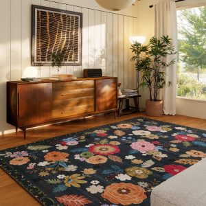 8x10 Area Rugs for Living Room: Washable Rug Stain Resistant Distressed Vintage Floral Rug Non Slip Low Pile Faux Wool Soft Large Area Rugs for Bedroom Bedside Farmhouse Dining Room Kitchen Nursery