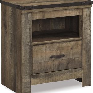 Signature Design by Ashley Trinell Rustic 1 Drawer Nightstand, USB Charing, Storage Cubby, Nailhead Accents, Wood, 24.72" W x 16.18" D x 26.22" H, Warm Brown