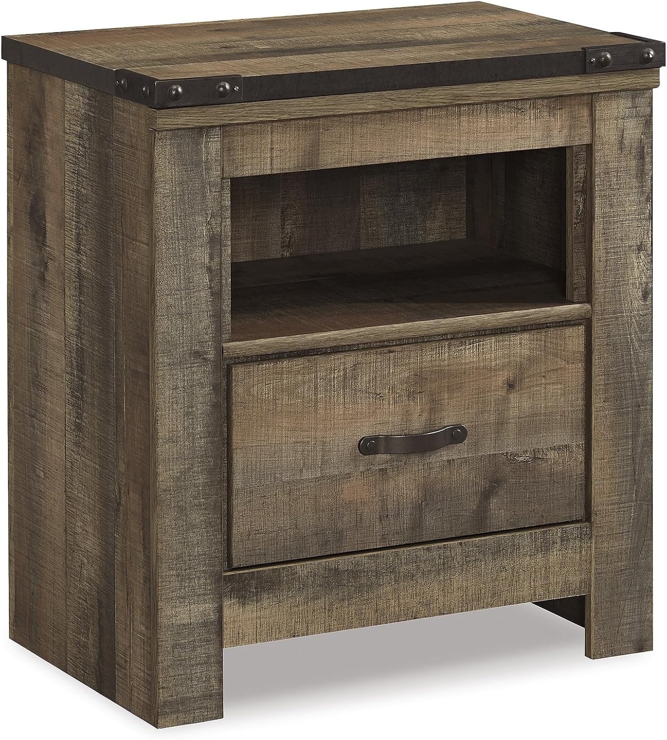 Signature Design by Ashley Trinell Rustic 1 Drawer Nightstand, USB Charing, Storage Cubby, Nailhead Accents, Wood, 24.72″ W x 16.18″ D x 26.22″ H, Warm Brown