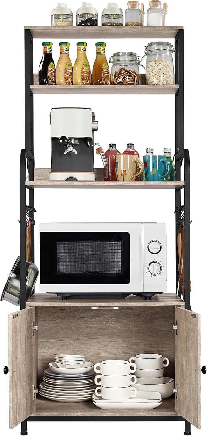 Yaheetech 4-Tier Kitchen Bakers Rack with Storage Cabinet and Hutch, Microwave Oven Stand Coffee Bar Pantry Cabinet with 8 S Hooks, Freestanding Kitchen Shelves Spice Rack, Gray - Image 9