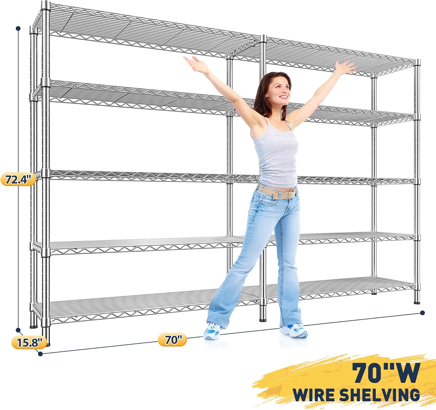 REIBII 70" W Wire Shelving Load 1500LBS, Metal Shelving 5-Tier Storage Shelves Metal Shelves for Storage Adjustable Shelving Rack for Pantry Kitchen Commercial School 70" W*15.8" D*72.4" H,Chrome - Image 2