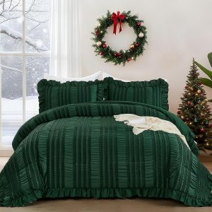 WONGS BEDDING Queen Size Comforter,Christmas Emerald Green Boho Comforter Set Queen,Shabby Chic Bedding Set for Bed, 3 Pieces Soft Lightweight Farmhouse Comforter for All Season 90"×90"