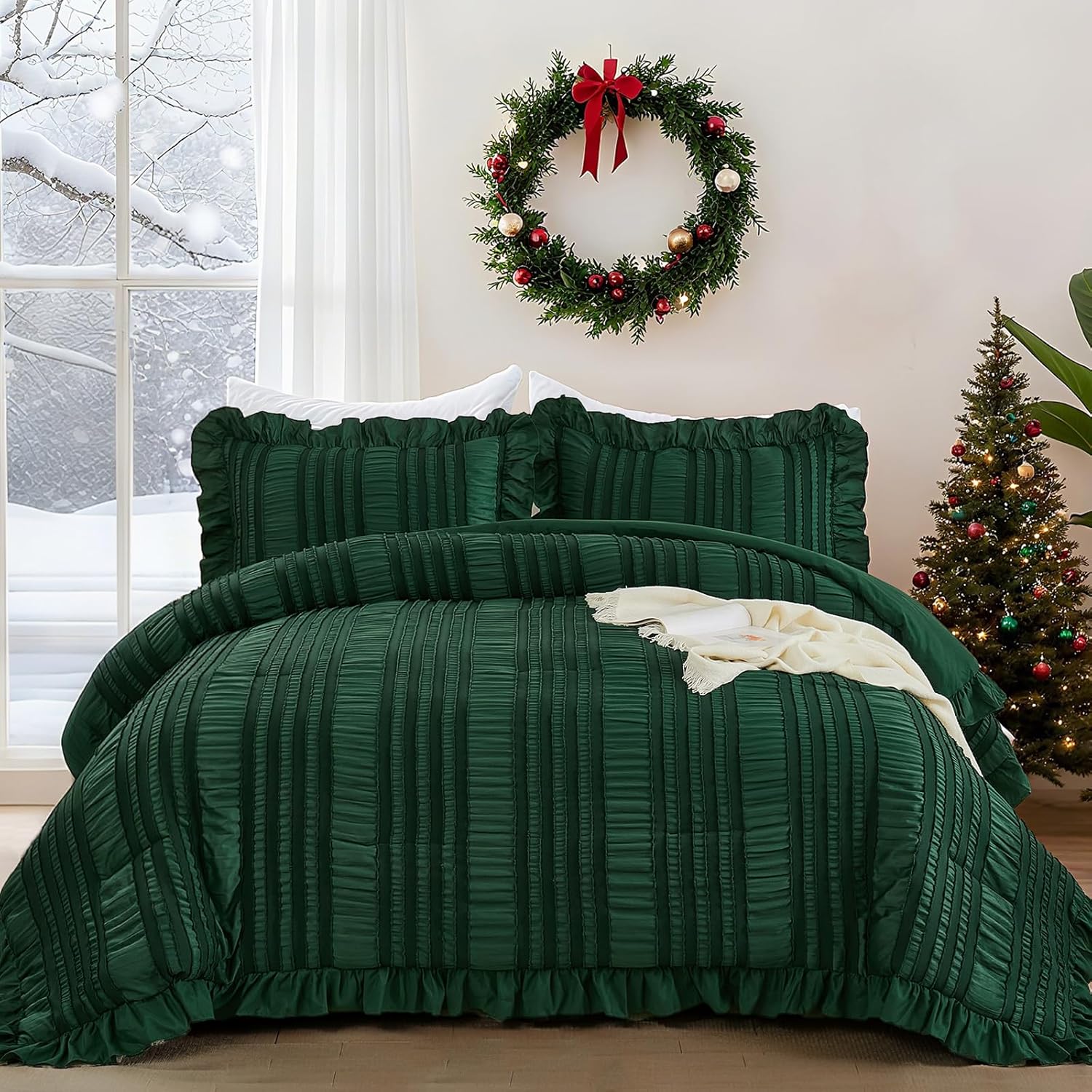 WONGS BEDDING Queen Size Comforter,Christmas Emerald Green Boho Comforter Set Queen,Shabby Chic Bedding Set for Bed, 3 Pieces Soft Lightweight Farmhouse Comforter for All Season 90″×90″