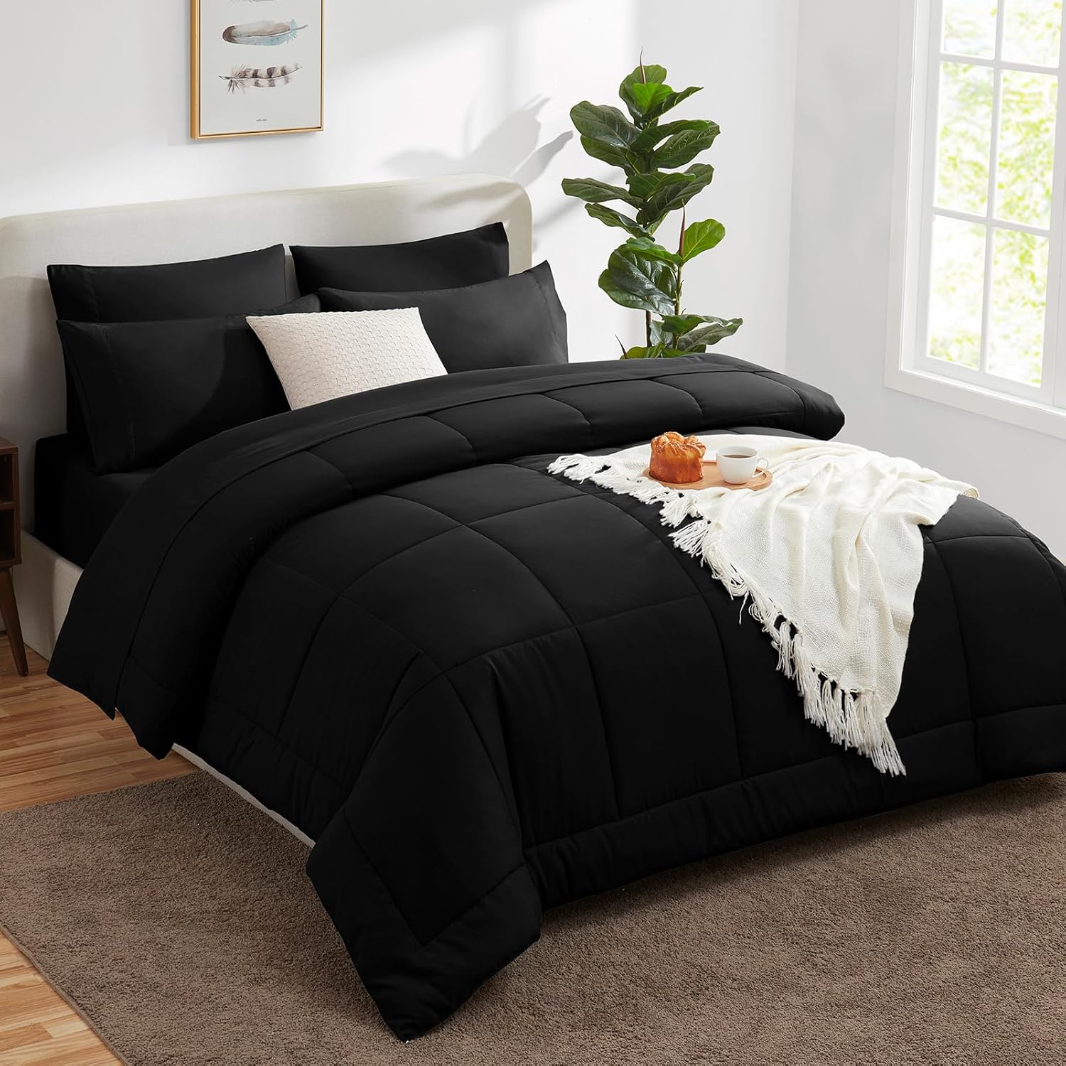 CozyLux King Size Comforter Set Black, 7 Pieces Bed in a Bag, Black Comforter King Size, All Season Bedding Sets with Stitch Quilted Comforter, Flat Sheet, Fitted Sheet, Pillowcases - Image 8