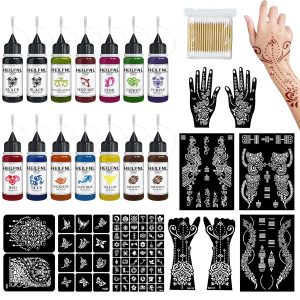 Temporary Tattoo Kit - 14 Bottles Color Temporary Tattoo Ink with 75 Pcs Stencils, DIY Fake Tattoos - Suitable for Adults, Teens, Women, Men & Art Painting Party