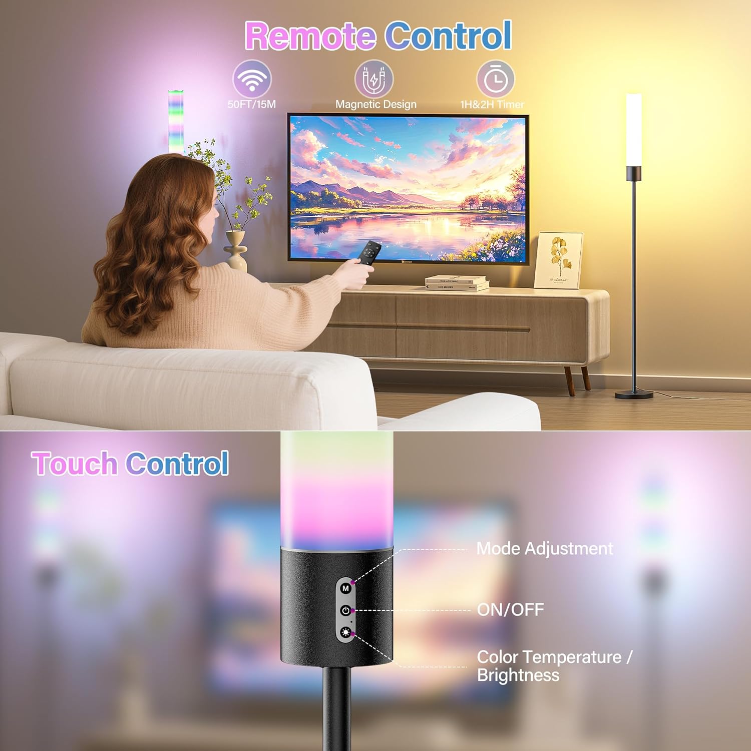 18W Dimmable Led Floor Lamp with Remote Control, 1600LM Ultra Bright Standing Tall Lamp, Modern Corner Lamps with RGB for Living Room, Bedroom, Gaming - Image 8