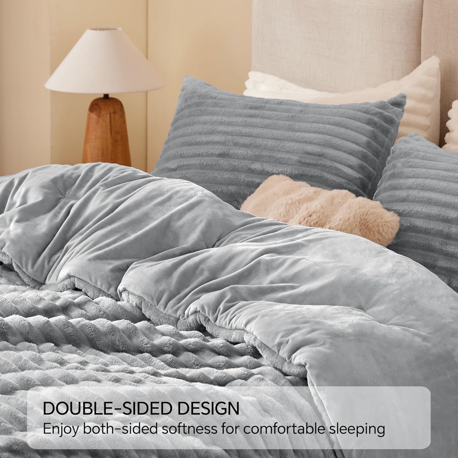 BEDELITE Fleece Queen Comforter Set -Super Soft & Warm Fluffy Light Grey Bedding, Luxury Fuzzy Heavy Bed Set for Winter with 2 Pillow Cases - Image 5