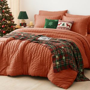 CozyLux Full Size Comforter Sets with Sheets Seersucker 7 Pieces Burnt Orange Bed in a Bag Luxury Terracotta Bedding Set with Down Alternative Comforter, Sheets, Pillowcases & Shams for All Seasons