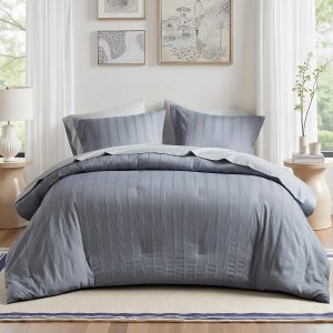 Madison Park Essentials Striped Comforter Set King, 7 Pieces Modern Minimalist Jacquard Bedding Set for All Season, Bed in A Bag with Sheet Set and Soft Brushed Reverse, Lightweight Blue/Grey