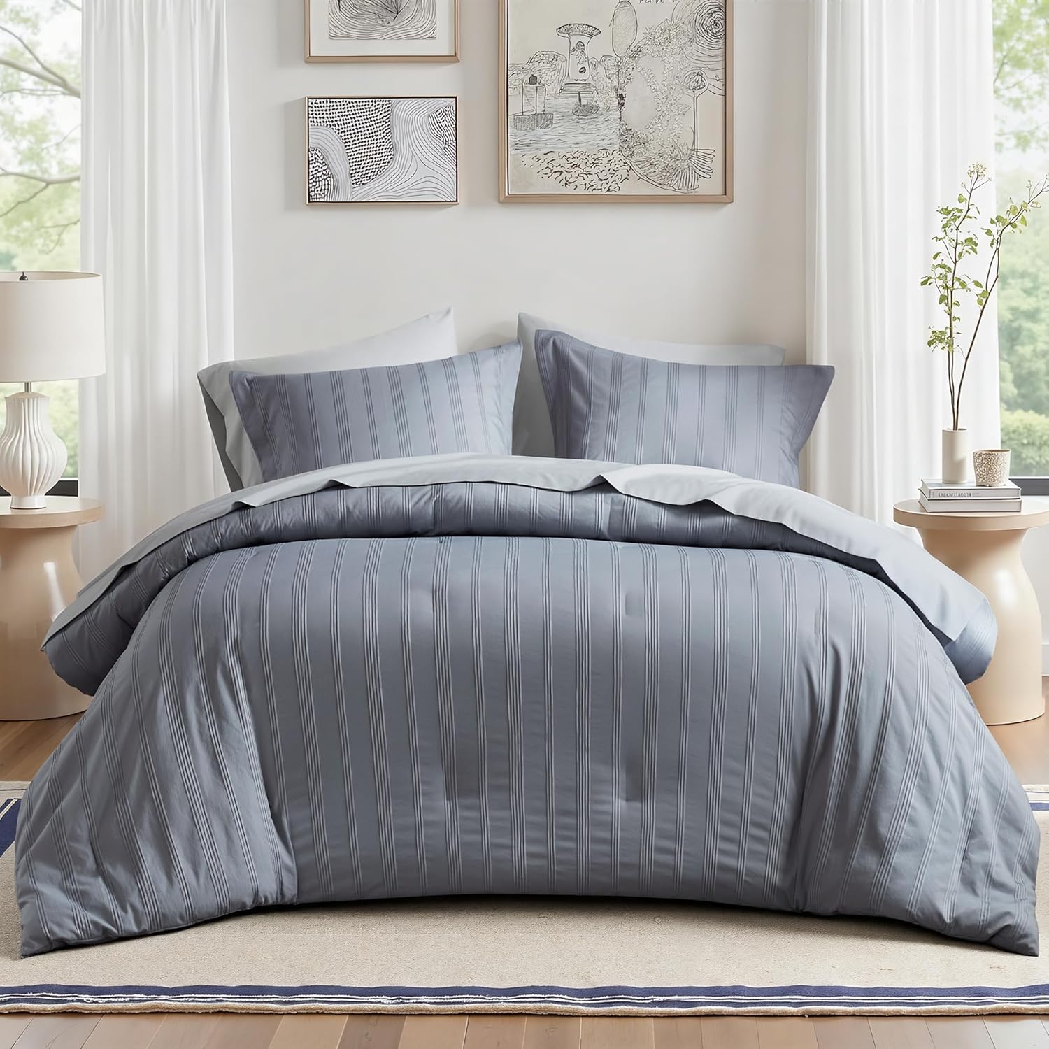Madison Park Essentials Striped Comforter Set King, 7 Pieces Modern Minimalist Jacquard Bedding Set for All Season, Bed in A Bag with Sheet Set and Soft Brushed Reverse, Lightweight Blue/Grey