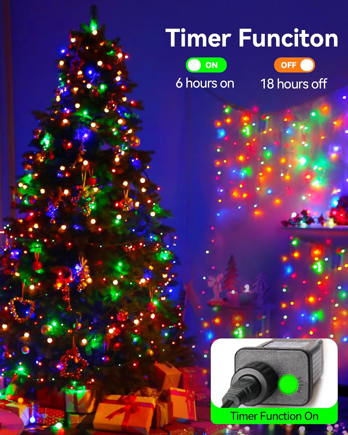 Blingstar Christmas Lights Colored String Lights 33 Ft 100 LED Waterproof Multicolor Twinkle Lights 8 Modes 30 V Plug in Fairy String Lights for Indoor Outdoor Xmas Tree Bedroom Garden Party Decor - Image 3