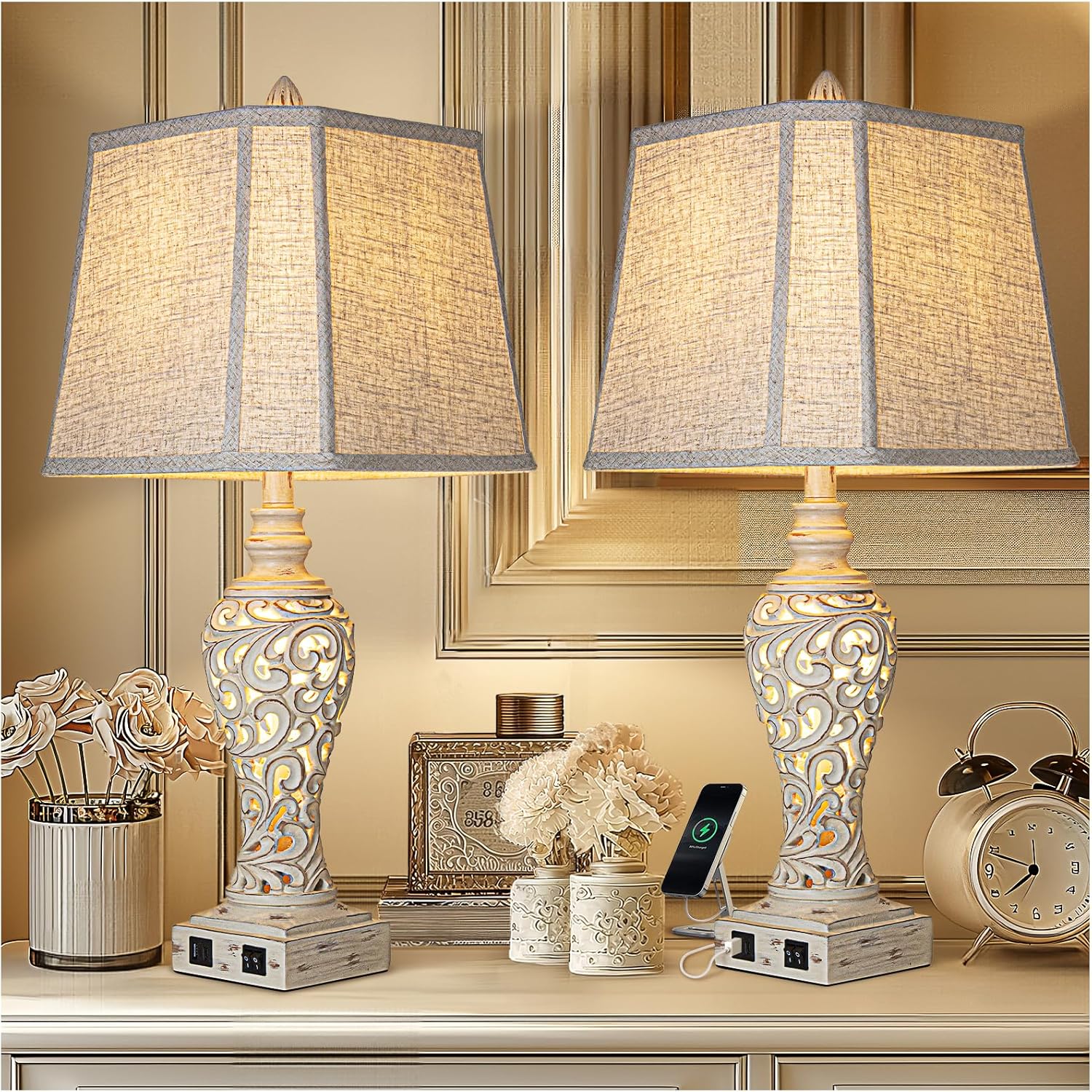 28.5″ Table Lamps Set of 2 – Bedside Lamp with Fabric Shades – for Bedroom and Living Room with USB and Nightlight – Perfect for Nightstands and Bedrooms