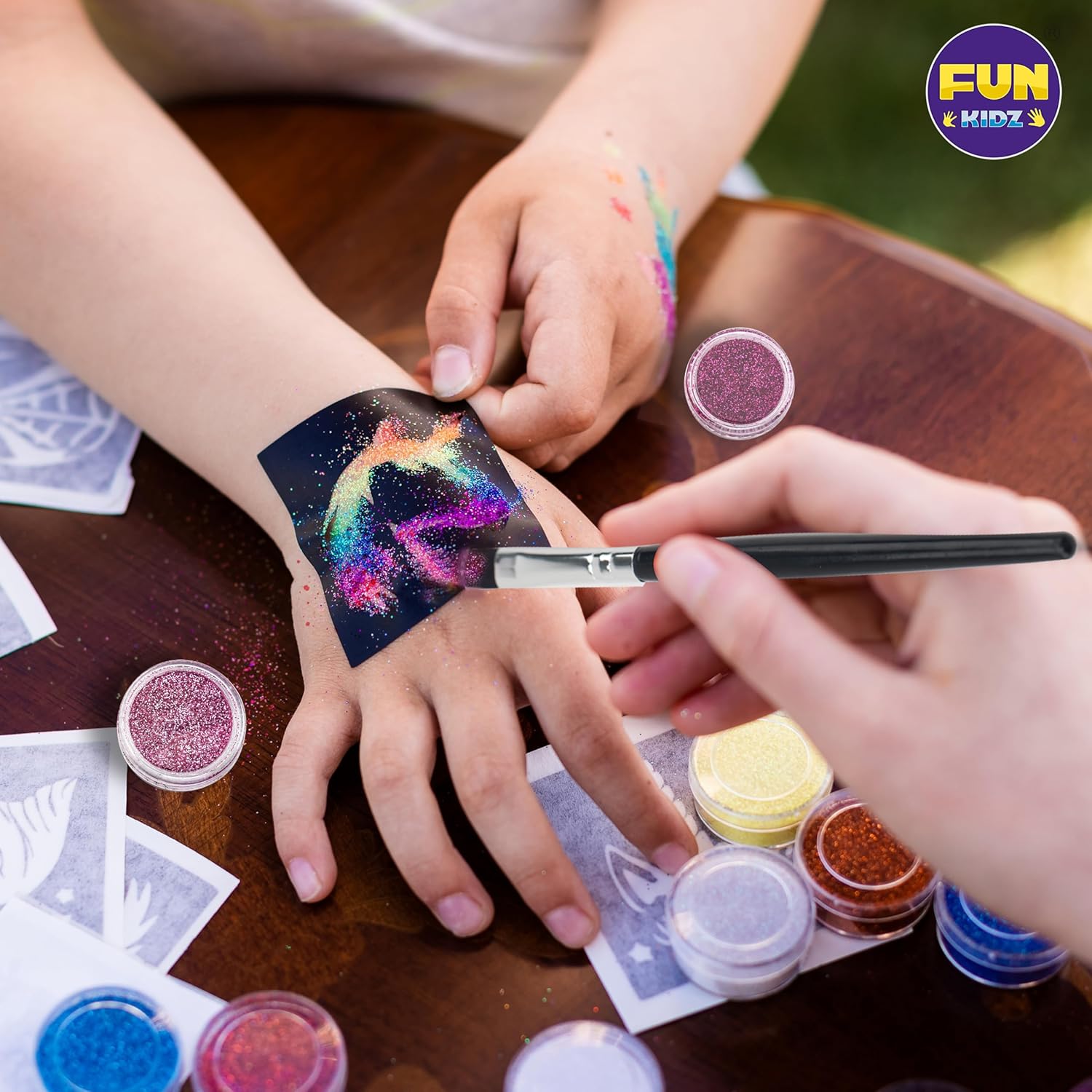 Tattoo Kit for Kids Ages 8-12, FunKidz 6 Double Tips Sparkle Brush Body Art Markers for Skin Plus Temporary Glitter Tattoo Kits With 106 Cute Tattoo Stencils Tattoo Glues Cool Presents for Tween Girls - Image 4